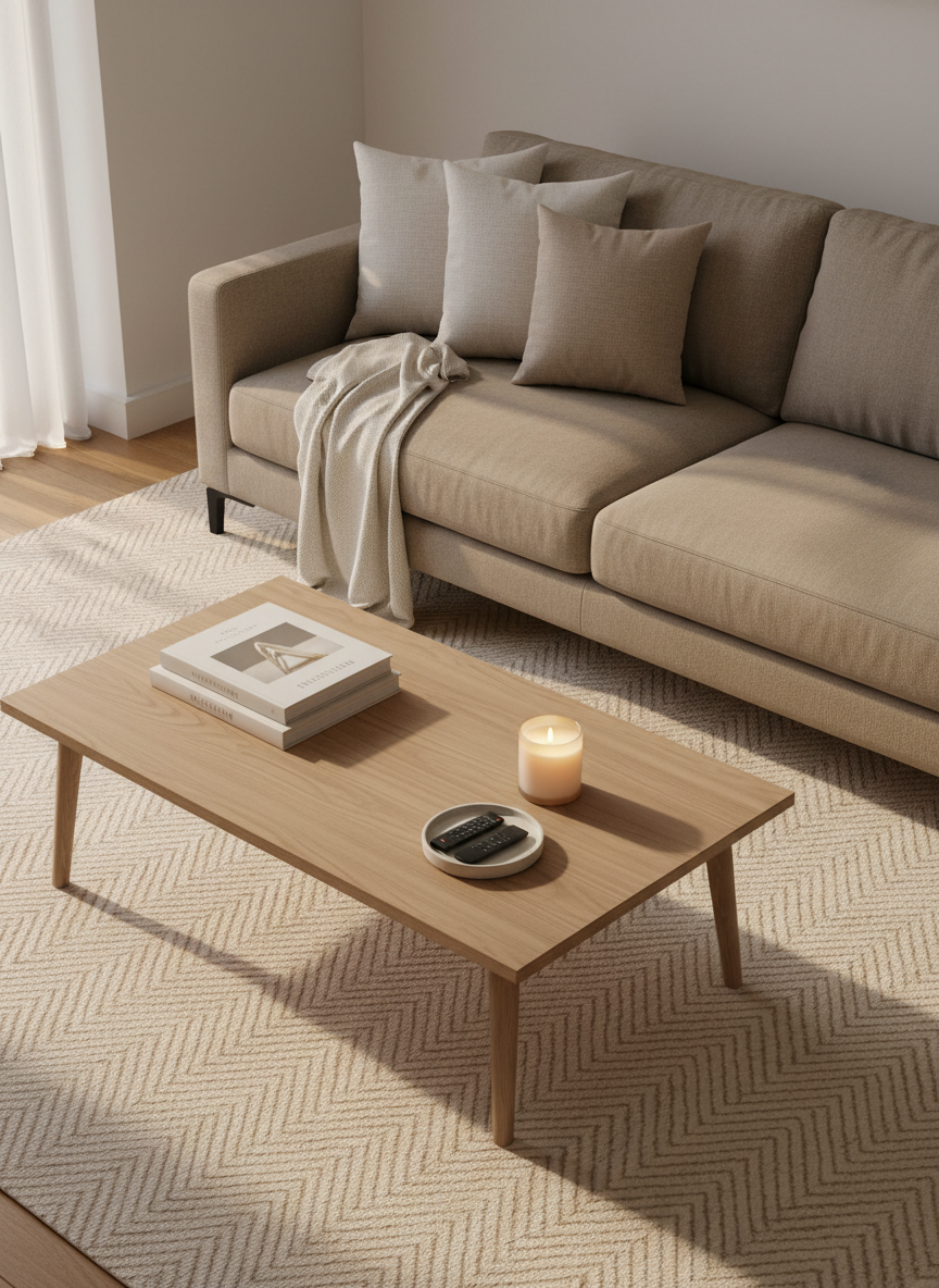 A cozy family living room corner showcasing an elegant, low-profile fabric sofa in a warm greige tone, draped with a neatly folded cashmere throw and accented by structured, neutral cushions. In front, a light oak coffee table holds a stack of curated lifestyle books, a single lit soy candle in a frosted glass jar, and a small ceramic tray with neatly organized remote controls. The room is bathed in soft afternoon natural light from a large unseen window, creating gentle, elongated shadows across a textured wool rug. Shot from a slightly elevated angle with balanced, photographic realism, the composition follows the rule of thirds, emphasizing calm, order, and sophisticated everyday family comfort.