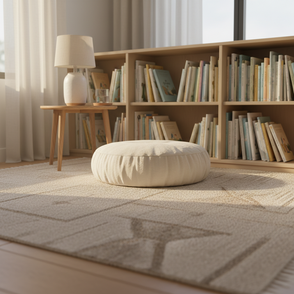A tranquil children’s reading nook designed with a sophisticated family aesthetic, featuring a low, pale wood bookshelf filled with neatly arranged picture books in soft, coordinated colors, their spines facing outward. A plush, cream-colored floor cushion rests on a textured wool rug, accompanied by a small round side table holding a single ceramic lamp with a linen shade and a glass of water on a cork coaster. Gentle, late-afternoon light filters through sheer curtains, casting a warm, diffused glow and soft shadows. Captured from a low, child’s-eye perspective with a shallow depth of field, the photographic realism and thoughtful composition create a serene, nurturing space that reflects modern, elevated family life.