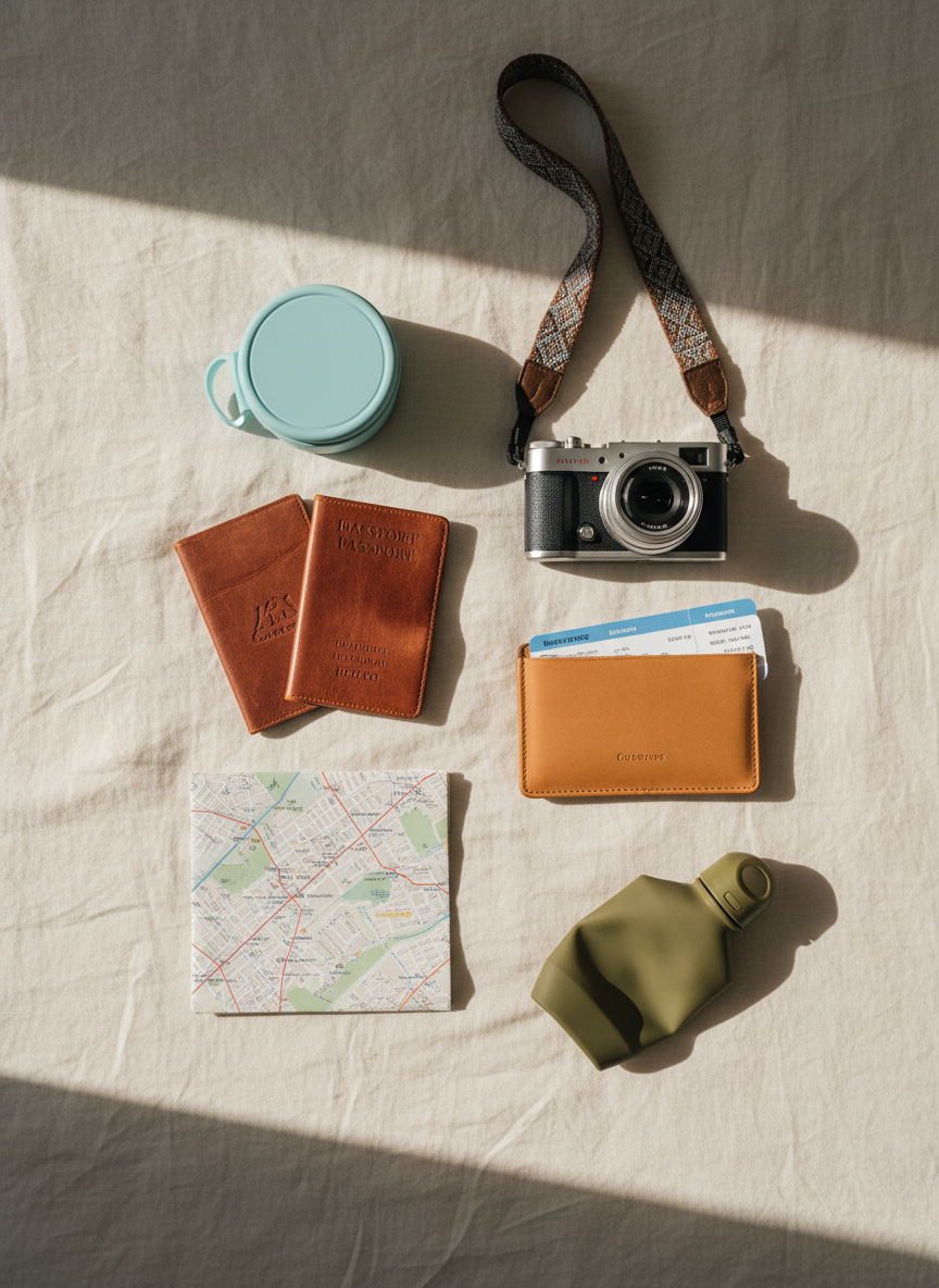 A minimalist yet inviting family travel flat lay on a soft linen bedsheet in a warm off-white tone, showcasing two well-worn leather passports, a compact mirrorless camera with a fabric strap, a neatly folded city map, and a slim, tan travel wallet slightly open to reveal boarding passes. A small, reusable silicone snack container and a collapsible water bottle subtly hint at family-friendly planning. Natural window light from the side creates gentle gradients and soft shadows, emphasizing textures in photographic realism. Shot from a true overhead, bird’s-eye view with balanced composition, the scene evokes organized, sophisticated anticipation for a family trip without showing any people.