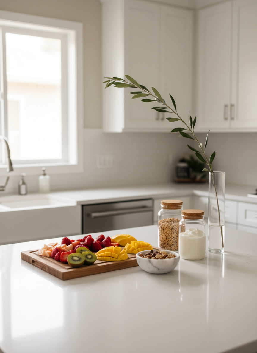 A sunlit family kitchen island prepared for an afternoon snack-making session, with a smooth white quartz countertop scattered with neatly arranged ingredients: a wooden cutting board of sliced seasonal fruit, a small marble bowl of nuts, and glass jars of granola and yogurt. A tall, clear vase with a single leafy branch adds vertical elegance. Subtle reflections dance on the stainless steel fixtures as natural light streams from a nearby window, creating soft highlights and faint shadows. Photographed from a slightly elevated angle, the depth of field keeps the entire workspace in crisp focus while the background cabinetry subtly blurs, evoking a bright, aspirational yet practical family lifestyle in clean, modern photographic realism.