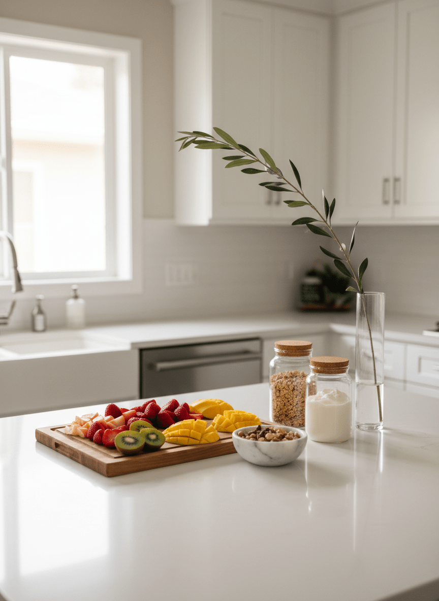 A sunlit family kitchen island prepared for an afternoon snack-making session, with a smooth white quartz countertop scattered with neatly arranged ingredients: a wooden cutting board of sliced seasonal fruit, a small marble bowl of nuts, and glass jars of granola and yogurt. A tall, clear vase with a single leafy branch adds vertical elegance. Subtle reflections dance on the stainless steel fixtures as natural light streams from a nearby window, creating soft highlights and faint shadows. Photographed from a slightly elevated angle, the depth of field keeps the entire workspace in crisp focus while the background cabinetry subtly blurs, evoking a bright, aspirational yet practical family lifestyle in clean, modern photographic realism.