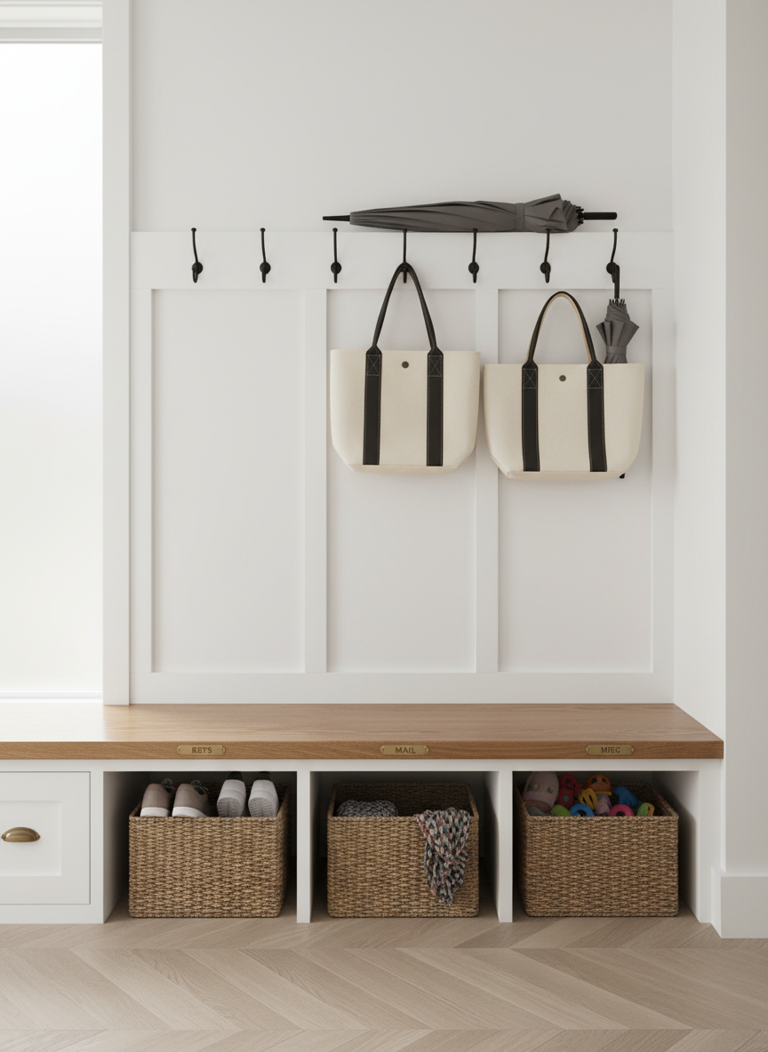 A well-organized family entryway featuring a sleek built-in bench with a smooth oak seat and white shaker-style cabinetry below, each drawer labeled with subtle engraved tags. Above the bench, a row of matte black hooks holds structured, neutral-toned tote bags and a neatly folded umbrella, while woven baskets are tucked under the bench for shoes and small items. Soft, diffused daylight filters in from a side window, illuminating the light herringbone wood floor and creating a serene, clutter-free atmosphere. Captured straight-on at eye level with sharp focus throughout, the photographic realism and minimalist composition highlight efficient, sophisticated family home organization.