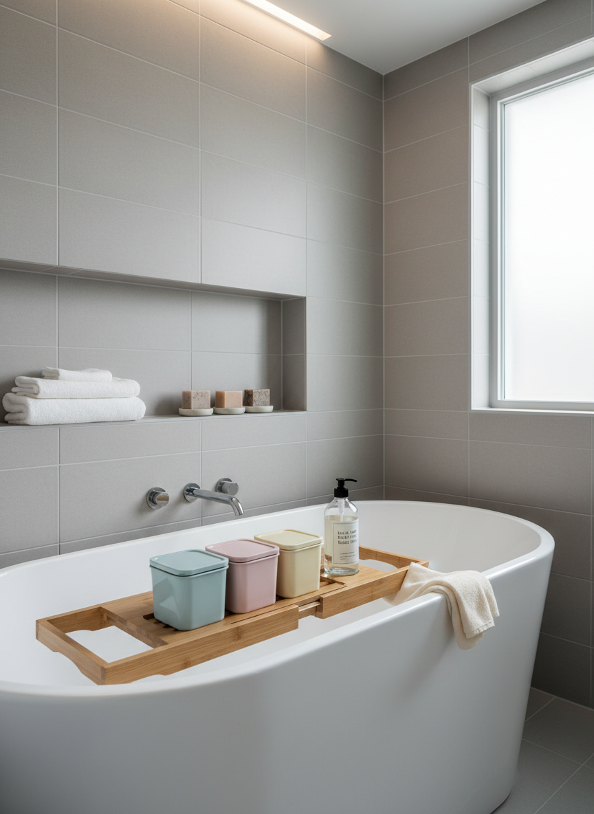 A serene family bathroom scene focused on an organized bath-time setup, featuring a deep white acrylic bathtub with a smooth, glossy finish and a bamboo bath caddy spanning its width. On the caddy sit an orderly row of pastel-colored, closed-lid bath toy containers, a folded organic cotton washcloth, and a glass bottle of mild bubble bath with a minimalist label. The surrounding walls are tiled in soft gray subway tiles with fine grout lines, and a niche shelf holds neatly aligned towels and soaps. Soft, diffused overhead lighting and subtle natural light from a frosted window create even illumination and calm shadows. Captured from a three-quarter angle, the photographic realism and uncluttered composition evoke a soothing, elevated approach to family bath routines.