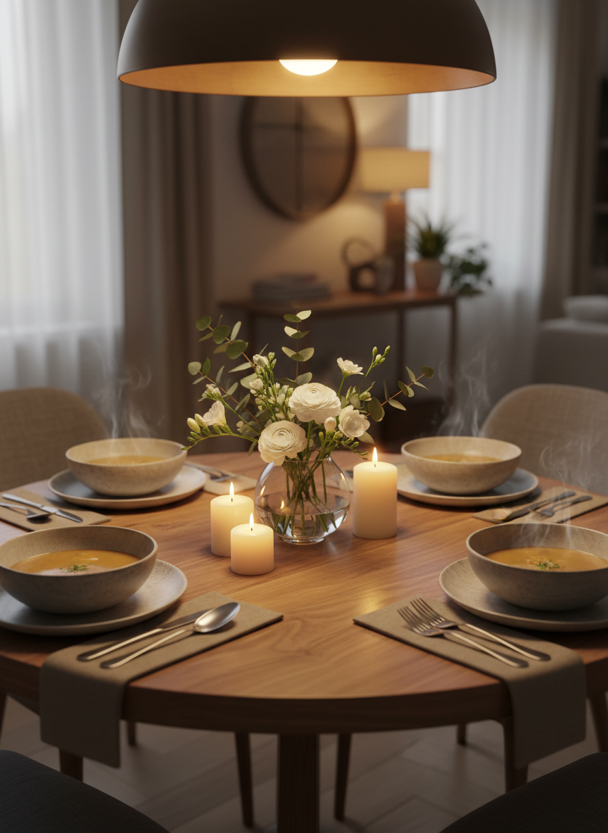 An elegant family dining scene prepared for a cozy home-cooked dinner, with a round walnut table set for four, each place featuring a stoneware bowl of steaming soup, a folded taupe linen napkin, and matte stainless cutlery. In the center stands a low, clear glass vase with a simple arrangement of greenery and white blooms, surrounded by small, unscented pillar candles at varying heights. Warm pendant lighting above casts a golden glow and soft, overlapping shadows across the table’s grain, enhancing the texture of the ceramic and fabric. Photographed at eye level with a gentle shallow depth of field, the background of the dining room softly blurs, creating an intimate, sophisticated family home atmosphere in clean photographic realism.