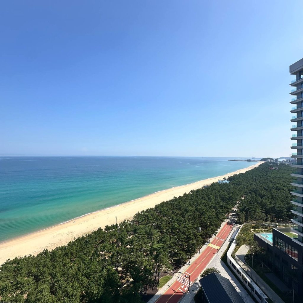 강릉 신라모노그램 레지던스에서 바라본 에메랄드빛 바다와 해변 전경