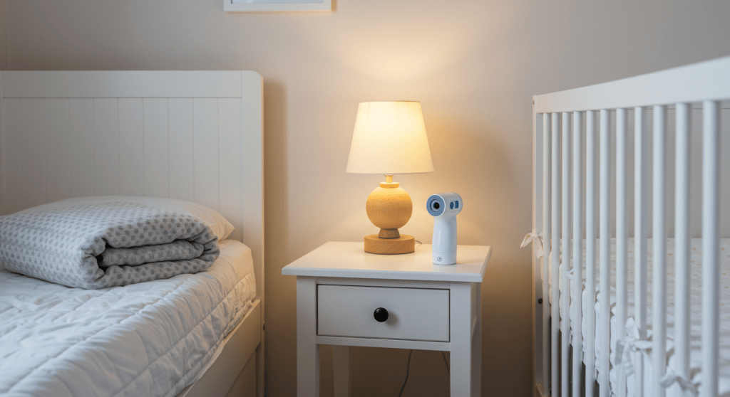 아기방 아기 침대 옆 체온계와 수면등 - 신생아 육아템