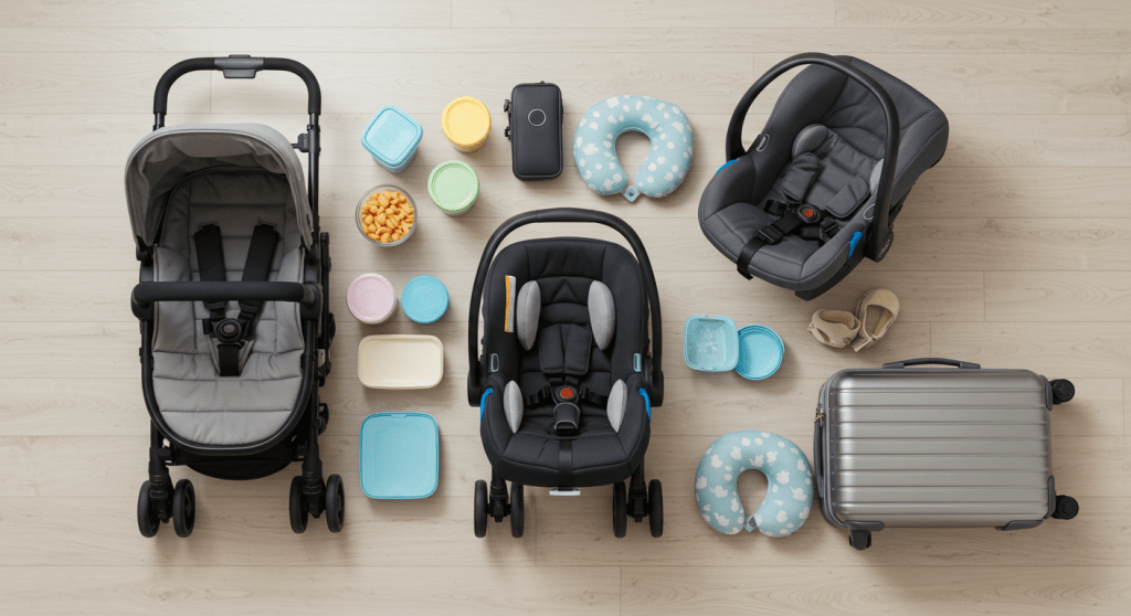 가족 여행 준비물 플랫레이 - 유모차 카시트 간식용기 목베개 캐리어